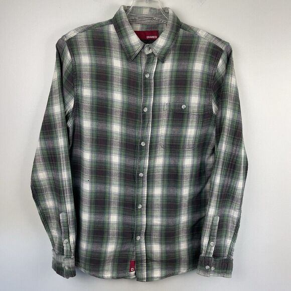 Gramicci Flannel Shirt Men M Purple Green Plaid Grunge Outdoor School Work FLAW - Picture 1 of 13